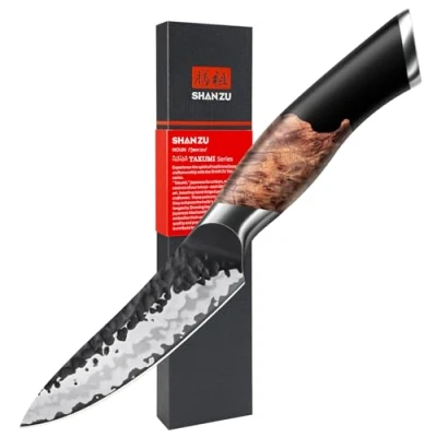 Immagine di SHAN ZU Coltello da Frutta Forgiato a Mano 9,5 cm, Cucina Professionale, in Acciaio 7 Strati, al Carbonio di alta Qualità, Manico Legno Acero