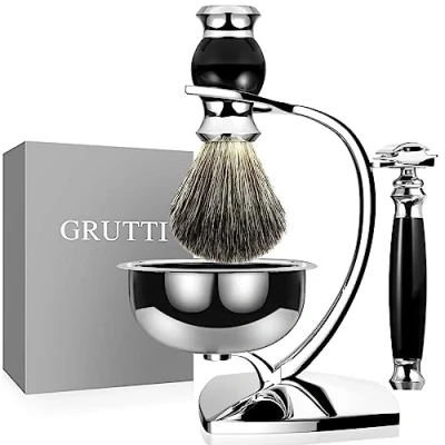 Immagine di GRUTTI set di pennelli da barba Premium con portaspazzole in tasso e per sapone manuale regalo uomo