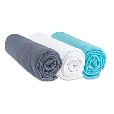 Immagine di Set di 3 lenzuola da 70 x 140 cm, per lettino bambino, 100% cotone jersey, grigio bianco turchese, estensibile, sonno sano, marchio Easy Dort, Oeko Tex Qualità Made in Europe