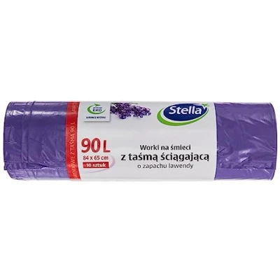 Immagine di Stella 009916 Sacchetti per la spazzatura con cordino, 90 l, 10 pezzi, profumo di lavanda, domestica, ufficio, in pellicola LDPE, colore: lavanda/viola
