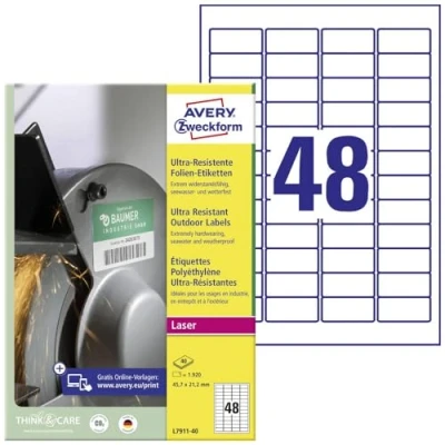 Immagine di Avery Zweckform L7911 40 Etichetta a Pellicola 45.7 x 21.1 mm in polietilene Bianco 1920 pz. tenuta permanente Stampante laser colori,