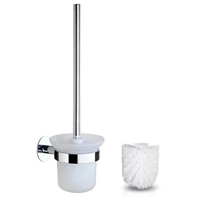 Immagine di GERUIKE Scopino WC da Parete con Porta per Senza Foratura Acciaio Inox Argento Cromo Contiene 2 Testina Bianco e Portascopino in Vetro Bagno