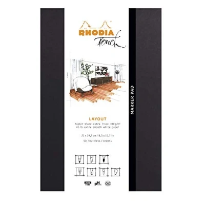 Immagine di RHODIA TOUCH 116101C blocco Marker Pad A4 50 Fogli Carta Clairefontaine Layout Uni bianca Extra liscia 100 g/m per il disegno a Pennarello ad Alcool, penna Liner, pennino