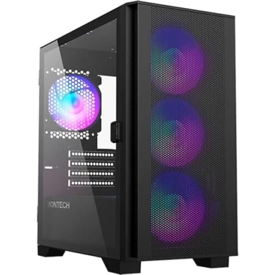 Immagine di Montech AIR 100 ARGB Micro ATX Tower con quattro ventole preinstallate, design ultra minimalista, pannello frontale a rete fine, flusso d&#039;aria elevato, vetro temperato girevole laterale, nero
