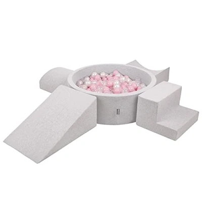 Immagine di KiddyMoon Area di Gioco in Schiuma con Tondo Piscina Palline (300 Palline) per Bambini, Grigioch:Rosa Chiaro/Perla/Transparente