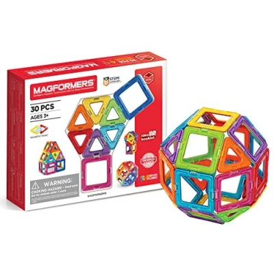 Immagine di Magformers 30 Piece Magnetic Tiles Toy. STEM Set. Educational Teaching Resource With 18 Squares and 12 Triangles. Building Blocks For Children Aged 3+. Makes 2D Nets 3D.