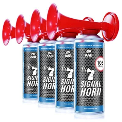 Immagine di AAB Signal Horn Set di 4 Pezzi Tromba ad Aria Compressa, Fino a 120 Segnali Brevi, Avvisatore Acustico Molto Rumorosa, Clacson Ideale per Feste, Trombette, Air
