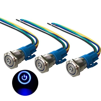 Immagine di QitinDasen 3Pcs Premium 12V / 24V 5A Interruttore a Pulsante Autobloccante, 16mm in Metallo con LED Blu, Avviamento Auto Acciaio Inossidabile impermeabile