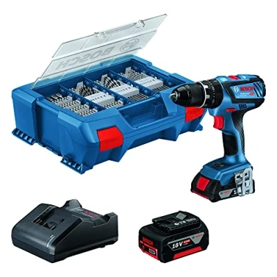 Immagine di Bosch Professional 18V System Trapano Avvitatore a Perc. Batt. Gsb 28 (Incl. 1 2.0 Ah, 4,0 Caricabatt. Gal 20, L Case Pick&amp;Click e Set Accessori 100 Pz) Blue, 1/2_pollice