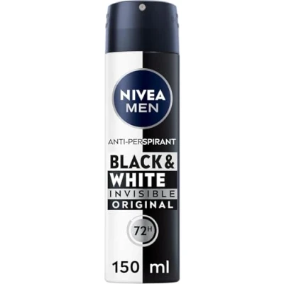 Immagine di NIVEA MEN Black &amp; White Invisible Original spray 6 x 150 ml, Deodorante uomo 72h, antitraspirante contro odori, sudore, residui, irritazioni e macchie su tessuti chiari scuri