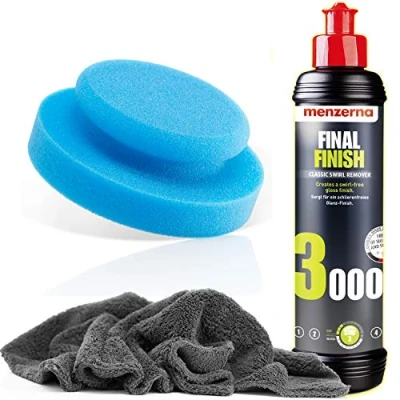 Immagine di detailmate Set di Finitura Manuale per Auto con Menzerna Final Finish 250ml + Spugna lucidatura Realizzata in Germania Ø130mm Panno Microfibra Ultra soffice da 550 gsm 1 Guanto Protettivo
