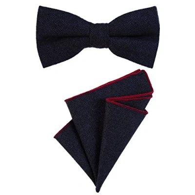 Immagine di DonDon Papillon da uomo 12 x 6 cm di dimensioni regolabili abbinato a un fazzoletto taschino 23 colorato in cotone blu scuro