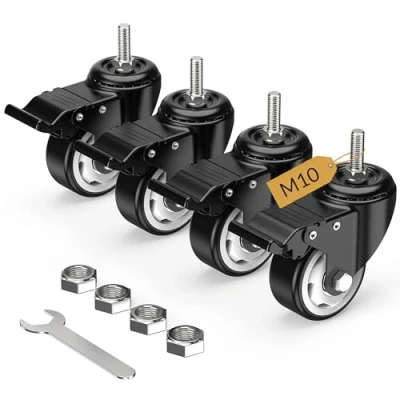Immagine di HOLKIE ruote girevoli da 75mm con stelo bloccaggio totale, M10 x 1,5 30mm (diametro dello 10mm, lunghezza 30mm) gambo filettato, set di 4 resistenti nero