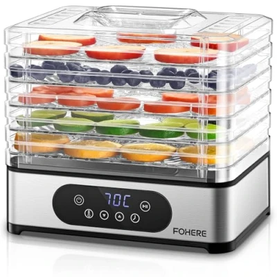 Immagine di FOHERE Essiccatore Alimentare, 420 W, Essiccatori per Alimenti con 5 livelli, Temperatura 30C/70C, impostazione manuale di tempo e temperatura, Frutta, Verdura, Carne, Senza BPA.