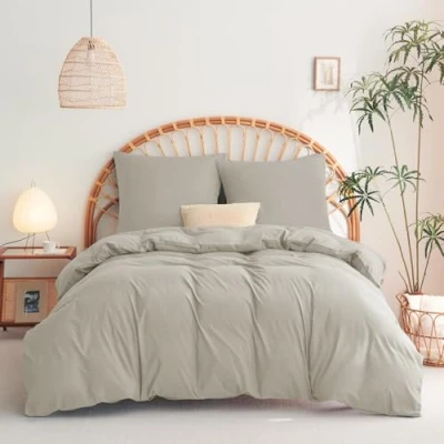 Immagine di WAVVE biancheria da letto 155 x 220 cm, 3 pezzi, colore beige, copripiumino set 2 federe 80 di in microfibra con chiusura lampo,
