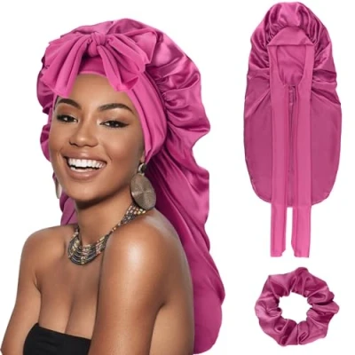 Immagine di DRESHOW Cuffia Lunga con Treccia di Raso per Donna Seta Dormire Fascia Elastica da Notte Capelli Ricci Lunghi Locs