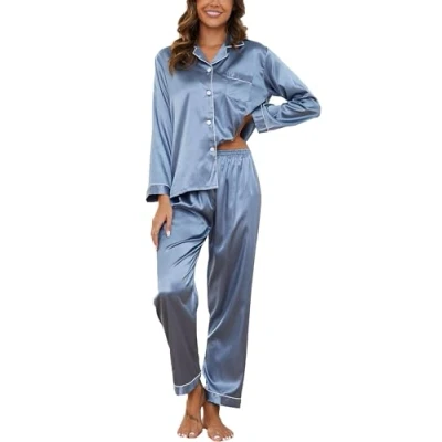 Immagine di Reliwel Pigiami da Donna in Raso Pigiama Due Pezzi a Maniche Lunghe Set con Bottoni Seta Morbido Scollo V Aperto Davanti e Pantaloni Borse Laterali