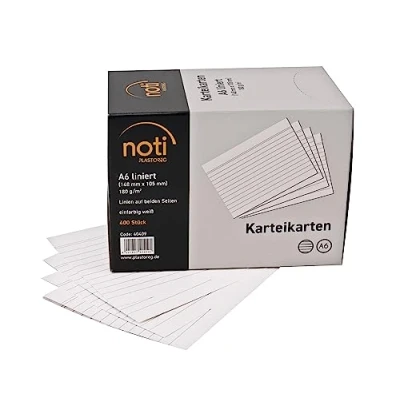 Immagine di Schedari formato A6, 148 x 105 mm, a righe, bianco, 400 pezzi, in pratica scatola dispenser, per vocabolari, come carte di apprendimento, ufficio e scuola, 180 g/m²