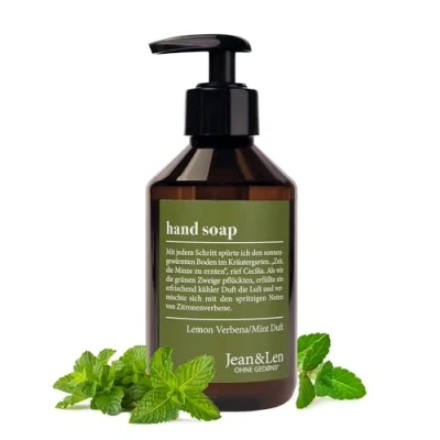Immagine di Jean &amp; Len sapone per le mani Lemonverbena Mint, deterge stressate, adatto all&#039;uso quotidiano, liquido in dispenser a pompa, fragranza di agrumi, vegan, 250 ml