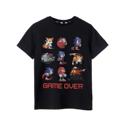 Immagine di SONIC THE HEDGEHOG Maglietta da Ragazzo T Shirt Grafica a Maniche Corte per Bambini Game Over in Nero del Personaggio Classico Pixel 8 Bit Knuckles Tails Dr. Egg Man Top