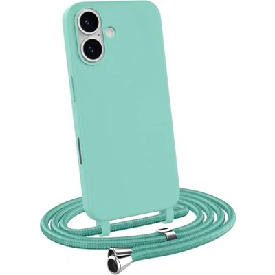 Immagine di MyGadget Cover con Cordino per iPhone 16 Custodia Corda Case Opaca Antiurto Bumper Laccio Tracolla Practical Stylish Verde Menta