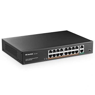 Immagine di mokerlink 16 Porte Gigabit Poe Switch, 2 Uplink, 250W IEEE802.3af/at, Plug And Play Non Gestito per Montaggio su Rack Ethernet Switch