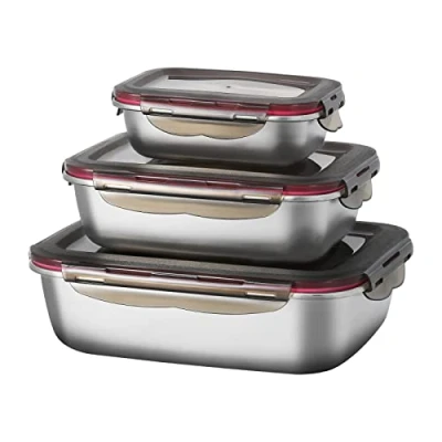Immagine di Set di 3 Contenitori per Alimenti con Coperchio Alimentari Ermetici in Acciaio Inox Salvafreschezza 600ml/ 1500ml/ 2900ml, Adatto Lavastoviglie Congelatore Frigo