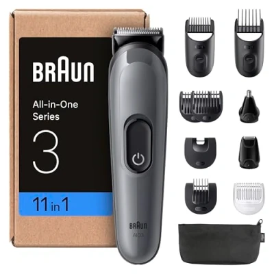 Immagine di Braun Rifinitore All In One Series 3, Rasoio Elettrico Barba E Capelli 11In1, Con Lama Ultra Affilata, 14 Lunghezze, 50 Minuti di Autonomia, Styling Facile Veloce Per Viso Capelli, AIO3565 Grigio