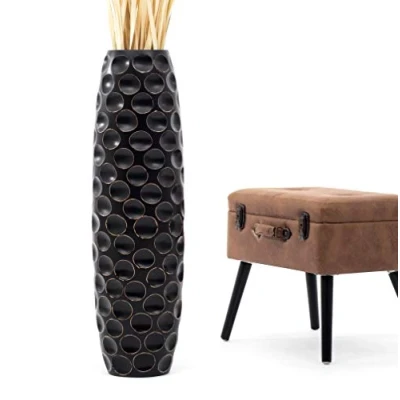 Immagine di Leewadee Grande Vaso Da Terra: Alto Stile Boho In Legno Di Mango Per Rami Pampa, 90 cm, Nero