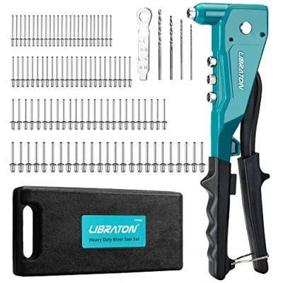Immagine di Libraton Rivettatrice Manuale Professionale, Pistola per Rivetti Inserti, 4 in 1 Tenaglia a strappo con 100 Alluminio e trapano HSS