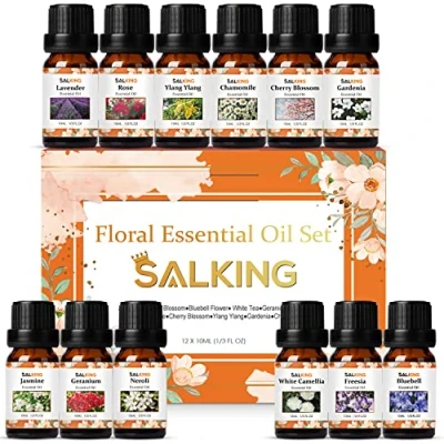 Immagine di SALKING Set di Oli Essenziali per Diffusori 12 x10ml, 100% Puro Lavanda, Rosa, Ylang Ylang, Gardenia, Camomilla, Gelsomino, Geranio, Neroli, Campanula, Fresia, Camelia Bianca, Fiore Ciliegio