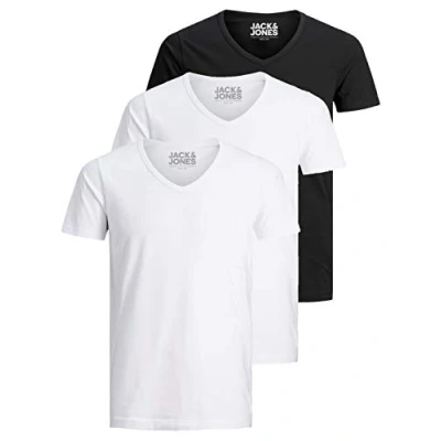 Immagine di Jack and Jones Maglietta da uomo basic con scollo a V, confezione 3, tinta unita, slim fit, in bianco, nero, blu, grigio, XXL