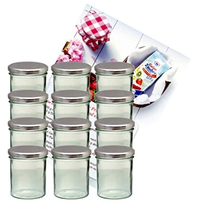 Immagine di MamboCat Set di 12 vasetti in vetro per marmellate e conserve, da 350 ml, con coperchio argentato, libro ricette incluso