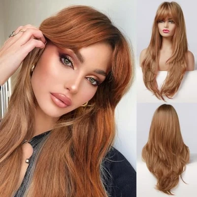 Immagine di Honygebia Parrucca color rame con frangia, da donna, colore oro bruno, ondulata, capelli sintetici realistici, resistenti al calore, adatta per carnevale, cosplay e feste a tema