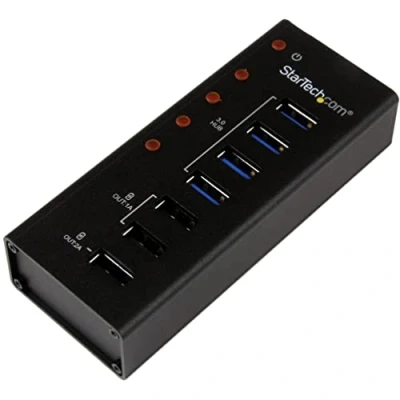 Immagine di StarTech.com Hub USB 3.0 (5Gbps) alimentato a 4 porte, 3 porte di ricarica dedicate, Box esterno in metallo montaggio parete (ST4300U3C3)