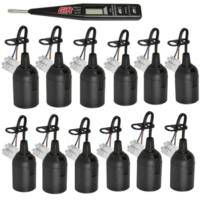 Immagine di 12 Pezzi Portalampada E27 Porta Lampadina per Cantiere/Ristrutturazione/Lavori,E27 Lampade Basi con Filo e Terminale,Tester di Tensione,Supporto della Lampada