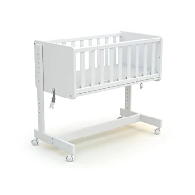 Immagine di AT4 Culla a cododo evolutiva in legno comfort bianco 40 x 80 cm 86 58,5 materasso incluso 5 4 ruote multidirezionali Facile da spostare