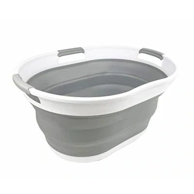 Immagine di SAMMART 25L Cesto Portabiancheria Pieghevole in Plastica Contenitore/Organizzatore Pop Up Vasca di Lavaggio Portatile Salvaspazio (1, Bianco/Grigio)