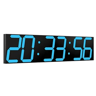Immagine di CHKOSDA Orologio digitale da parete, con dimmer automatico, timer per conto alla rovescia telecomando, display a led largo 27&quot;, 6 cifre, montaggio data e temperatura (blu ghiaccio)