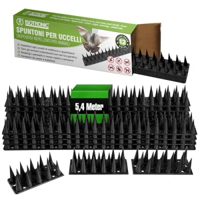 Immagine di ISOTRONIC Dissuasore per uccelli in plastica, gatti, martore, piccioni, recinzione, davanzale, protezione uccelli, robusto (nero, 5,4 metri/12 elementi)