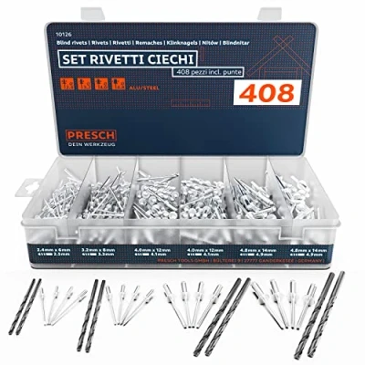 Immagine di Presch Set rivetti ciechi 408 pezzi. Incl. punte HSS Assortimento di 400 in alluminio/acciaio 2,4mm, 3,2mm, 4,0mm e 4,8mm 8 corrispondenti 2,5mm, 3,3mm, 4,1mm, 4,9mm
