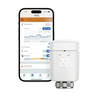 Immagine di Eve Thermo (Matter): valvola termostatica intelligente, controllo automatico della temperatura, richiede Amazon Alexa, Apple Home, Samsung SmartThings o Google Home. necessario Thread Border Router