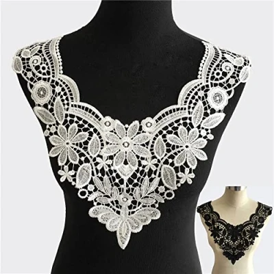 Immagine di Yulakes 2 pezzi Ricamo Collo Pizzo Collare Inserti Decorare Applique Patch Trim per Abito Fai da Te A Mano Bianco