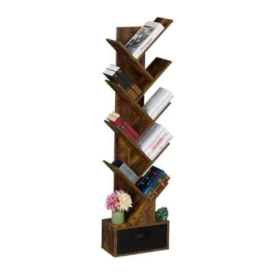 Immagine di Relaxdays Scaffale Libreria, Mobile Stretto da Terra con 9 Ripiani ad Albero per Libri, CD e DVD, 146x38x22 cm, Marrone
