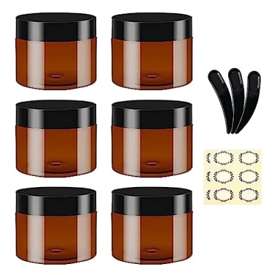Immagine di Apstaqeoo 6 barattoli vuoti in plastica ambrata da 100 ml con coperchi neri, 3 spatole e etichette, contenitori rotondi per cosmetici, ricaricabili, viaggio lozioni, unguenti,