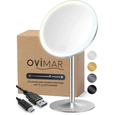 Immagine di ovimar Specchio cosmetico Bogo argento con illuminazione ricaricabile indipendente nel bagno ingranditore 5x per il trucco luce a 360 gradi
