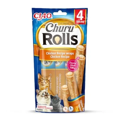 Immagine di INABA Churu Rolls Bastoncini di Pollo con Cuore 1 Pack (4 Stick x 10gr) Snack per Gatti Morbido e Cremoso Cibo Senza Conservanti o Coloranti Artificiali, Grain Free