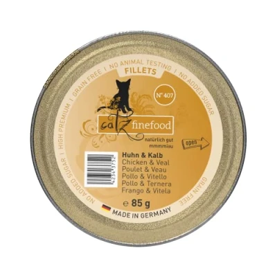 Immagine di catz finefood cibo per gatti bagnato, filetti fini, n. 407, pollo e vitello, in gelatina, umido senza cereali, il vostro gatto zucchero, dal più fine