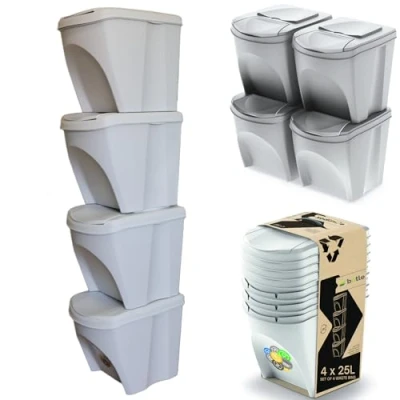 Immagine di botle Set di 4 bidoni della spazzatura x 25 l in bianco cenere colore da impilare compatto modulare e leggero, facile ordinare i rifiuti domestici plastica
