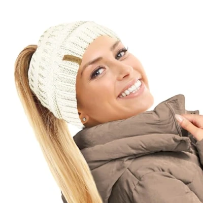 Immagine di TOSKATOK Cappello Termico da Donna Foderato in Pile a Coda di Cavallo, Crema, Taglia Unica…